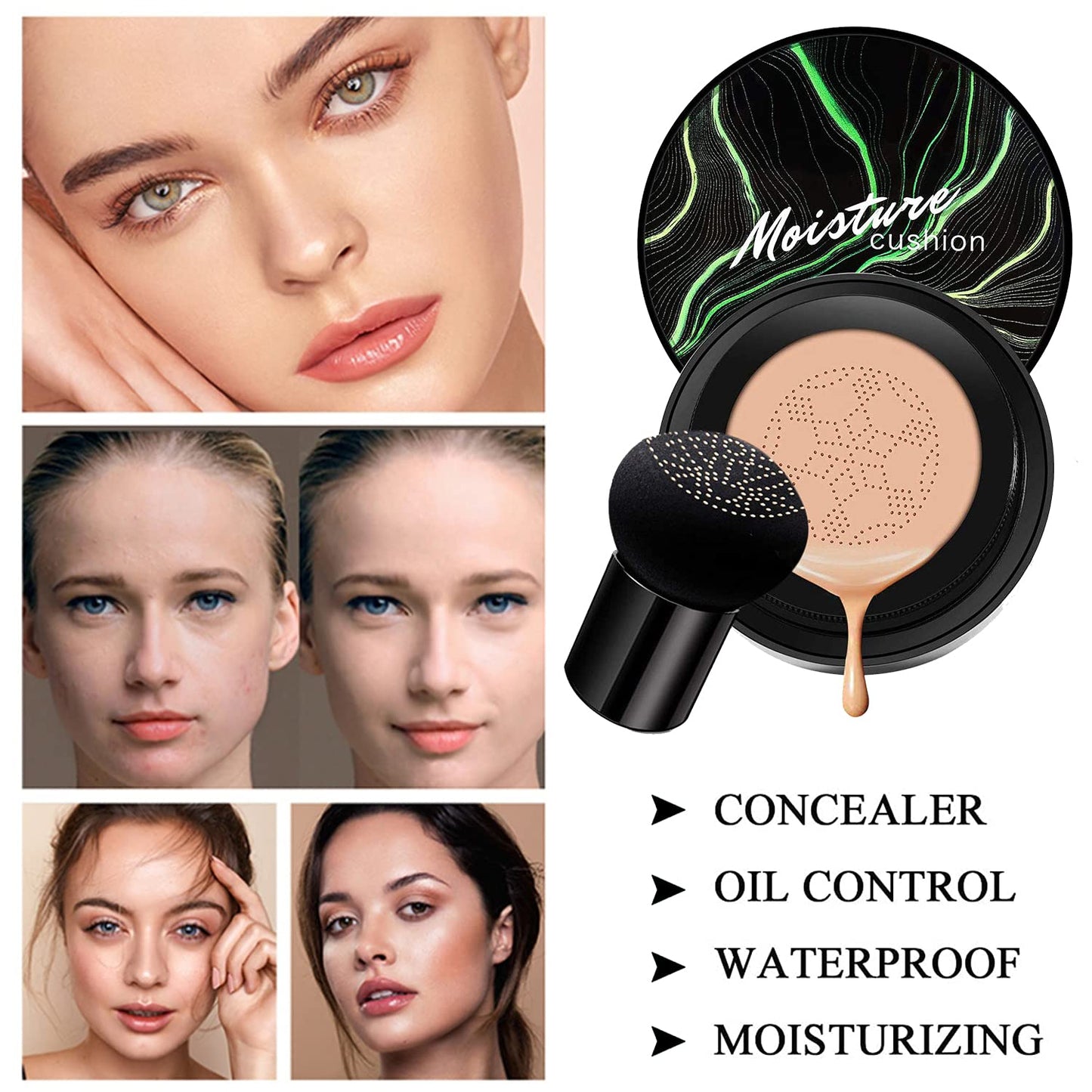 Mushroom Head Air Cushion CC Cream Nature Foundation, Moisturizing BB Cream, Long Lasting Matte Concealer, Bright Makeup Base with Mushroom Makeup Sponge (#05 Sand)