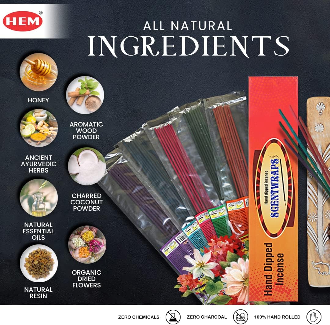 Hem Incense Sticks Variety Pack Set of 5 Packs (12 Stick x 5 Pack,60 Sticks), Hem Scentwrap 11 inches Natural Hand Dipped Insenses with Raajsee Incense Holder Bundle, Free from Chemicals Non Toxic