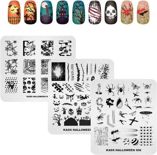 KADS 3Pcs Nail Stamping Plates Set Nails Art Stamp Templates Halloween Horror Themed Skull Bat Witch Spider(Halloween 2)