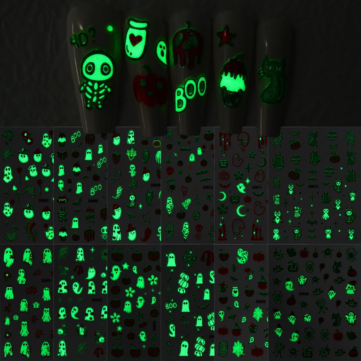 12 Sheets Halloween Nail Art Stickers Glow in The Dark Pumpkin Nail Decals Fluorescent Ghost Nail Stickers Self Adhesive Skull Nail Art Supplies for Women Girls DIY Manicure Nail Art Decorations