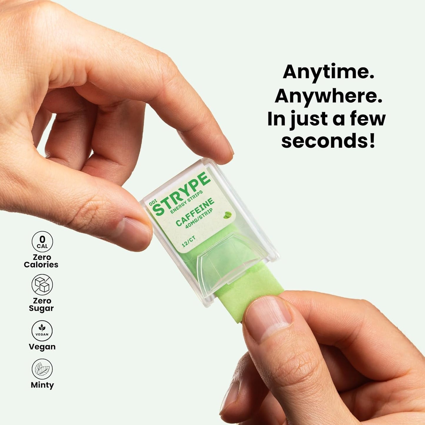 Energy Strips | Instant Caffeine in a Strip | 80mg per Serving | Portable Caffeine + Breath Mints | Zero Calories & Zero Sugar | Spearmint Flavor | 12 Strips per Pack (5 Pack/60 Total)