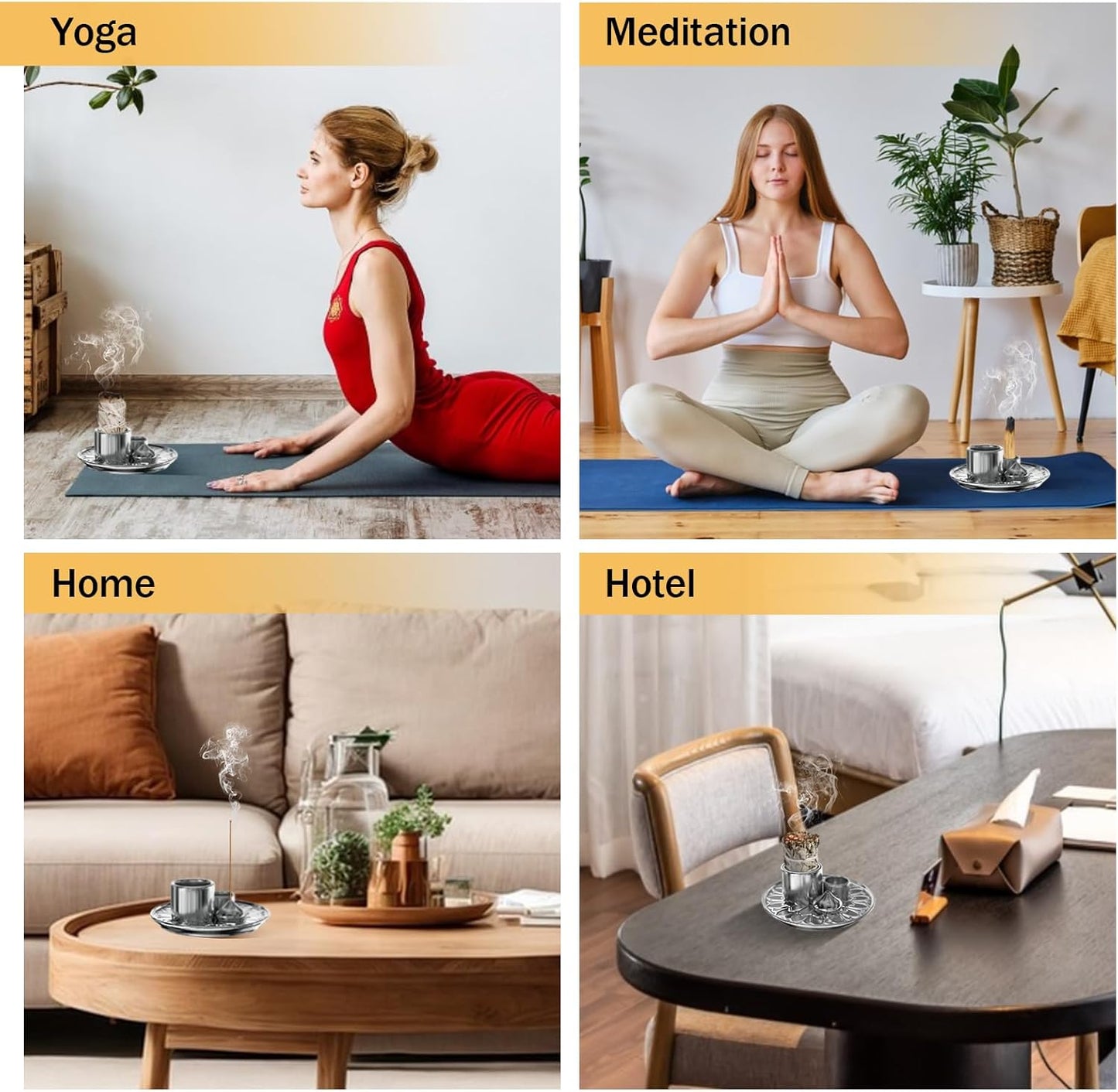 Palo Santo Holder - 4 in 1 Incense & Candle Holder - Ceramic Incense Holder Ash Catcher Tray for Meditation Room - Easy to Clean (Silver)