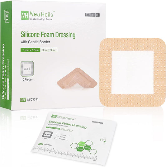 NeuHeils Silicone Adhesive Foam Dressing with Gentle Border 3''x3'' for Bed Sore, 10 Packs, High Absorbency Waterproof Silicone Wound Bandage for Foot Diabetic Ulcer
