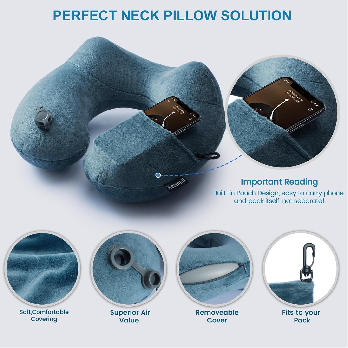 Inflatable Travel Neck Pillow for Airplane Sleeping Blow Up Neck Support Air Pillow Traveling on Plane Long Flights Washable
