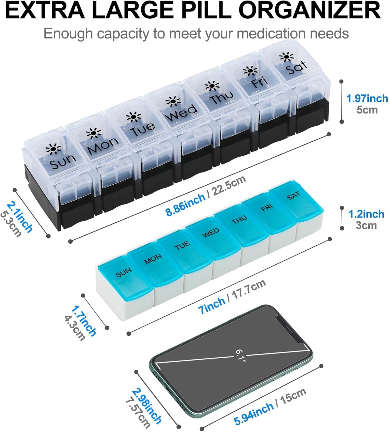 XL Large AM/PM Weekly Pill Organizer Arthritis Friendly, 2 Times a Day Pill Box with Spring Open Design, 7 Day Vitamin Case with Push Button Compartments (Black&White)