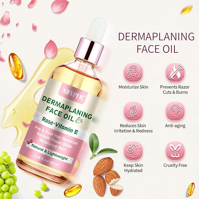 Dermaplaning Kit, Rose & Vitamin E Oil, Shave Oil with Dermaplaning Tools for Women, Facial Razor, Eyebrow Razor, Softens Area Pre Shave & After Shave