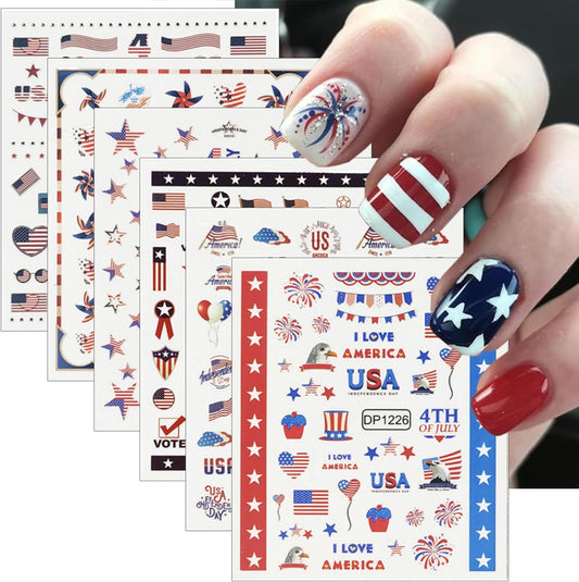 6Pcs Independence Day Nail Art Stickers Patriotic American Flag Heart Balloon Fireworks Nail Design 4th of July Nail Stickers 3D Self-Adhesive Star Nail Decals Decoration for Women DIY Nail Supplies