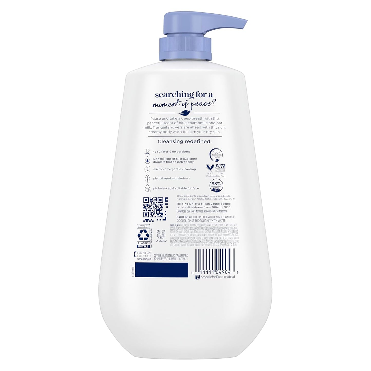 Dove Body Wash with Pump Anti-Stress Blue Chamomile & Oat Milk, for 24hr Lotion-Soft Skin Moisturizing Skin Cleanser with No Sulfates No Parabens 30.6 oz
