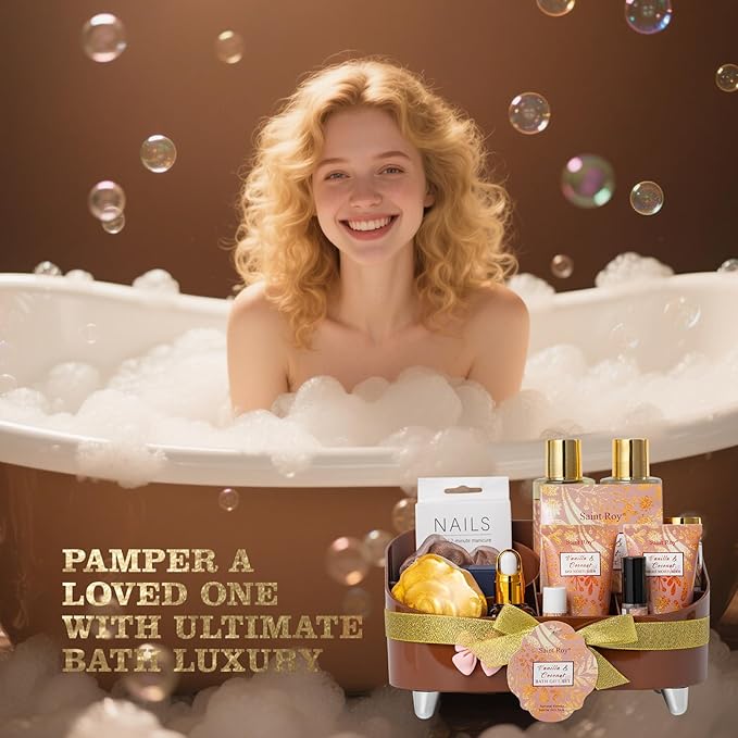 Luxury Gifts for Women, 16 Pcs Spa Gifts for Women of Coconut & Vanilla Scents Skin Care Kit, Facial Kit with Face Day Cream, Night Cream, Skincare Set, Skin Care Set Wrap in Makeup Storage Box