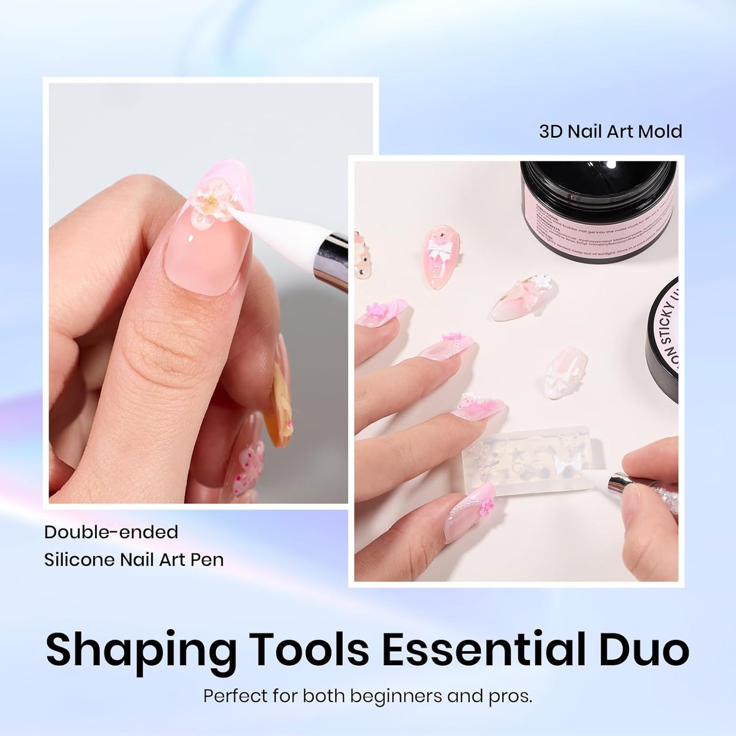 Beetles 3D Nail Art Brushes, Dual-ended Silicone Manicure Tool, Gold Chrome Nail Powder, 15mm Liner Brush, Dotting Tool with Flowers Bowknot Mold, Pearls, for 3D Manicure Design Carving Drawing Effect