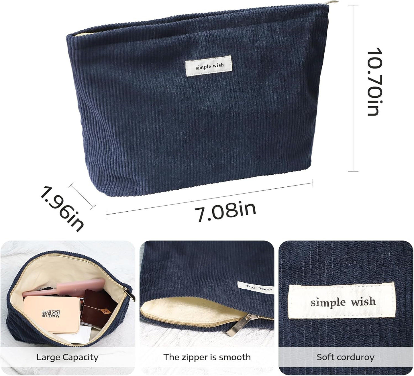Wudygirl Cosmetic Bags for Women Travel Makeup Bag Aesthetic Women Handbags Purses Large Capacity Corduroy Toiletry Bag Zipper Pouch(Navy Blue)