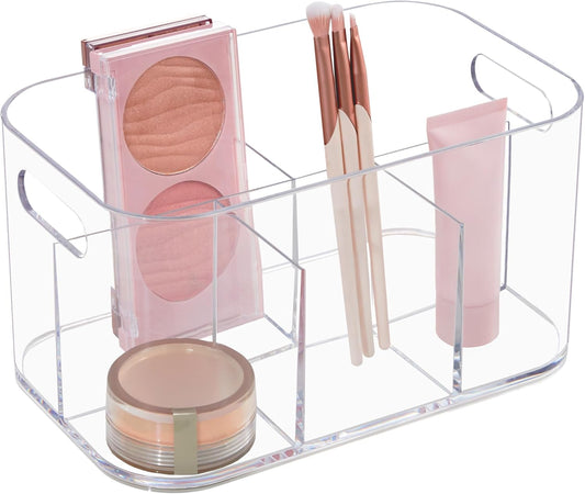 STORi Bliss 5-Compartment Plastic Cosmetics Storage Organizer | Clear | Rectangular Divided Makeup Bin & Vanity Caddy with Pass-Through Handles | Round Corner Design | Made in USA