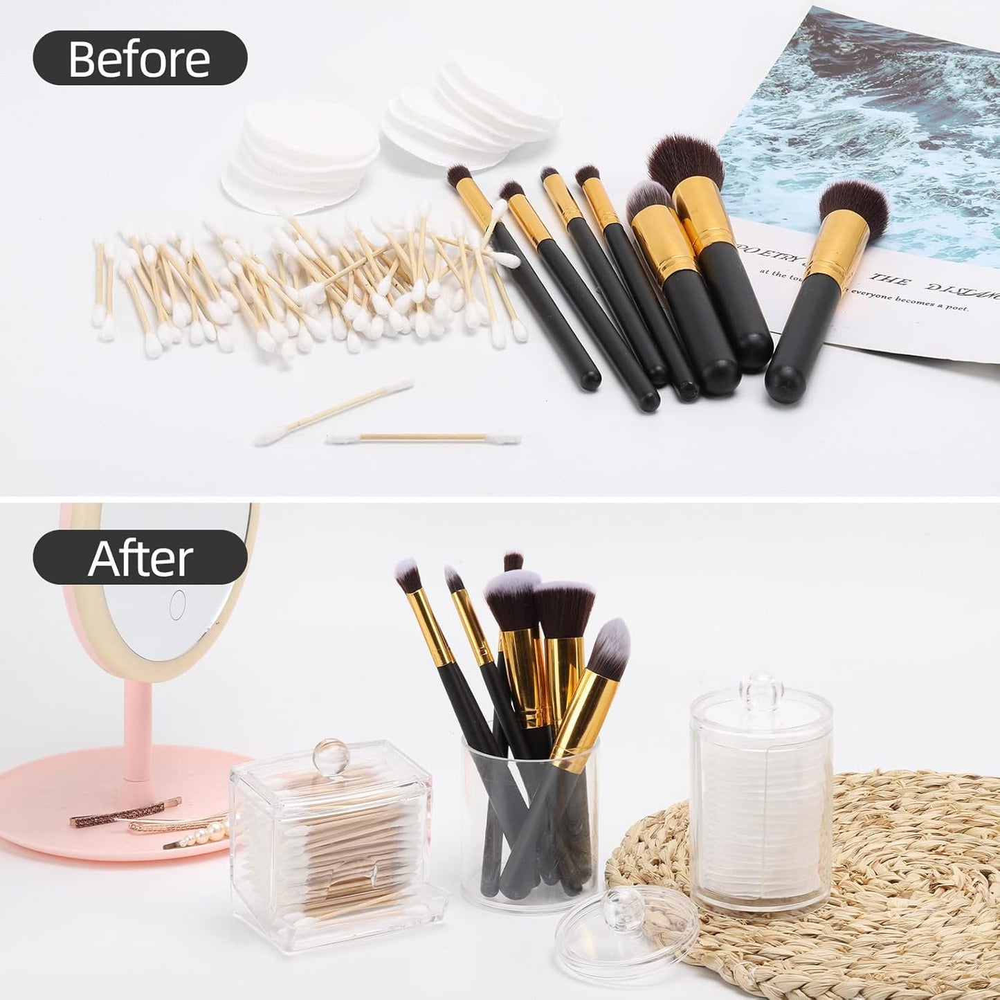 Tbestmax Bathroom Organizer Accessories Set-10 OZ,7 OZ Qtips Holder Storage with Clear Plastic Lids, Cotton Ball/Swabs Dispenser, Apothecary Container Jar 3 Pcs