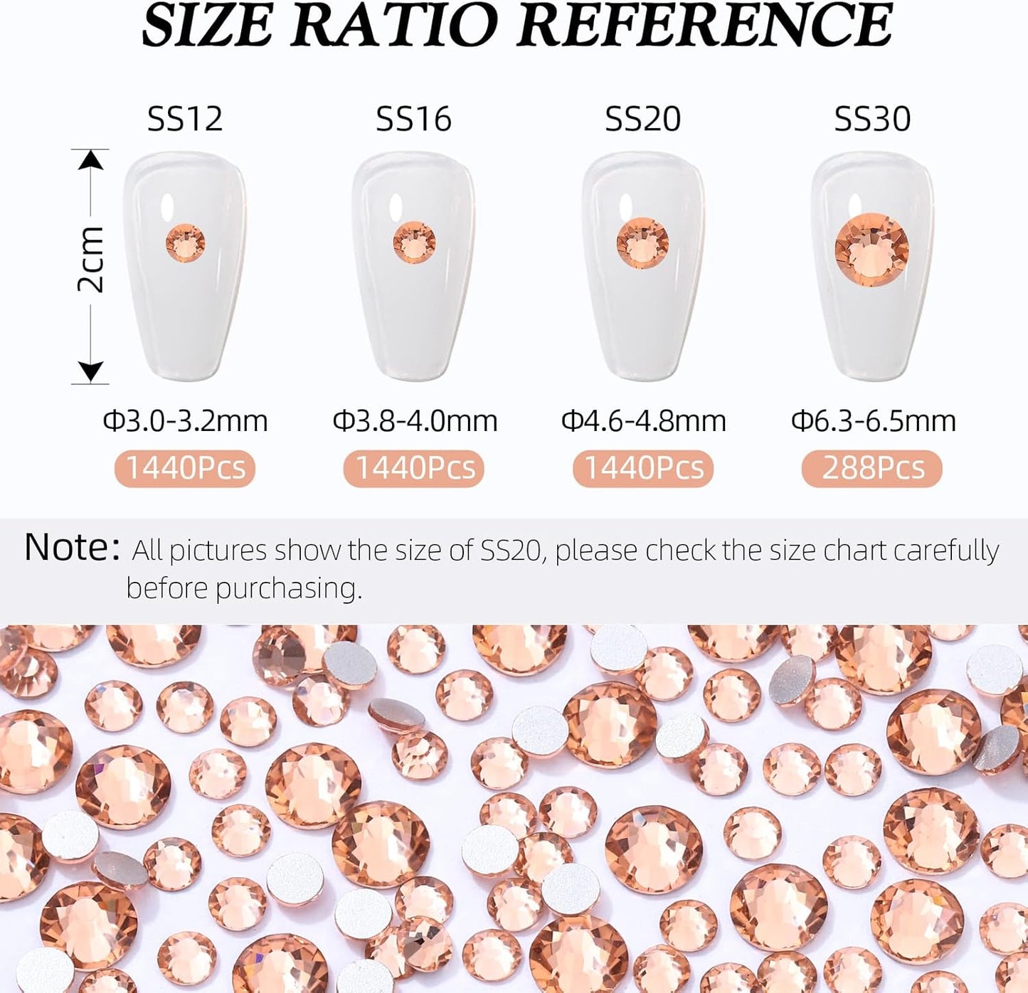 Champagne Flatback Rhinestones, Glass Rhinestones for Nail Art and Craft, Glue Fix, Loose Crystal Gemstones(Champagne, SS20, 1440pcs, 4.6-4.8mm)