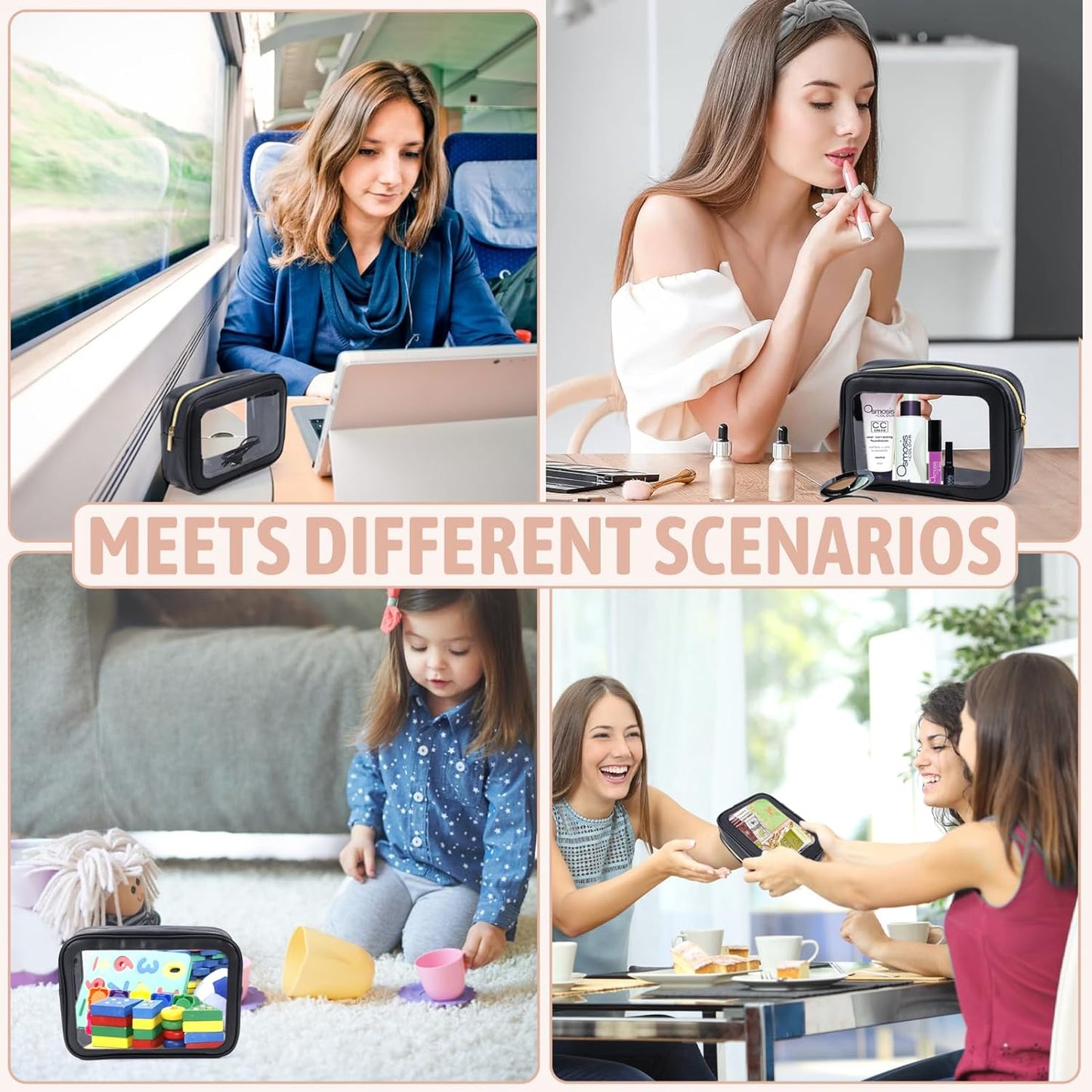 3PCS Diaper Bag Organizer Pouch Set, TSA Approved Toiletry Bag，Clear Waterproof TPU Makeup Bag Set Travel Organizer Bags for Women and Kids