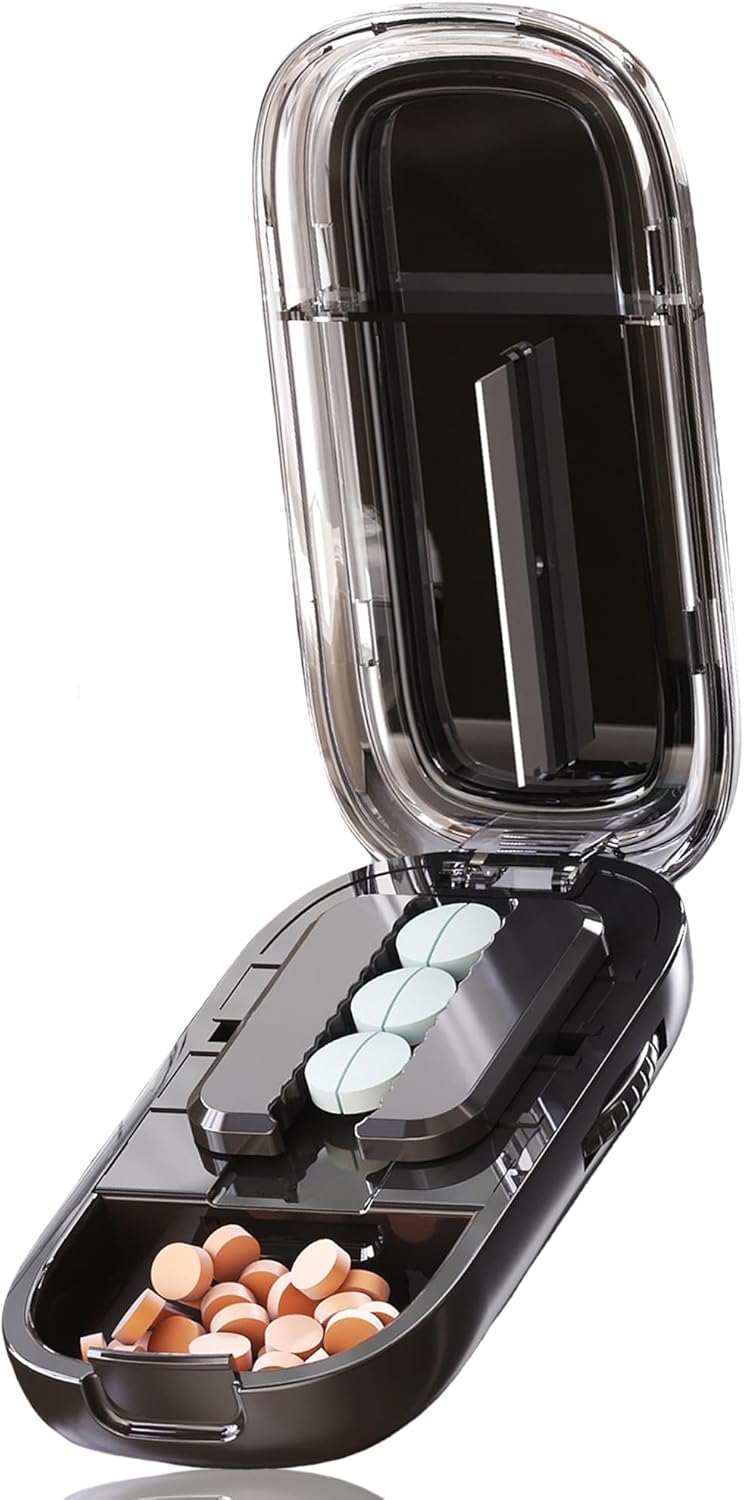 DUBSTAR Pill Cutter Splitter for Cutting Multiple Pills, Pill Cutter Splitter for Small and Tiny Pills, Adjustable Pill Cutter for Small or Large Pills with Sharp Blade and Centering Device (Black)