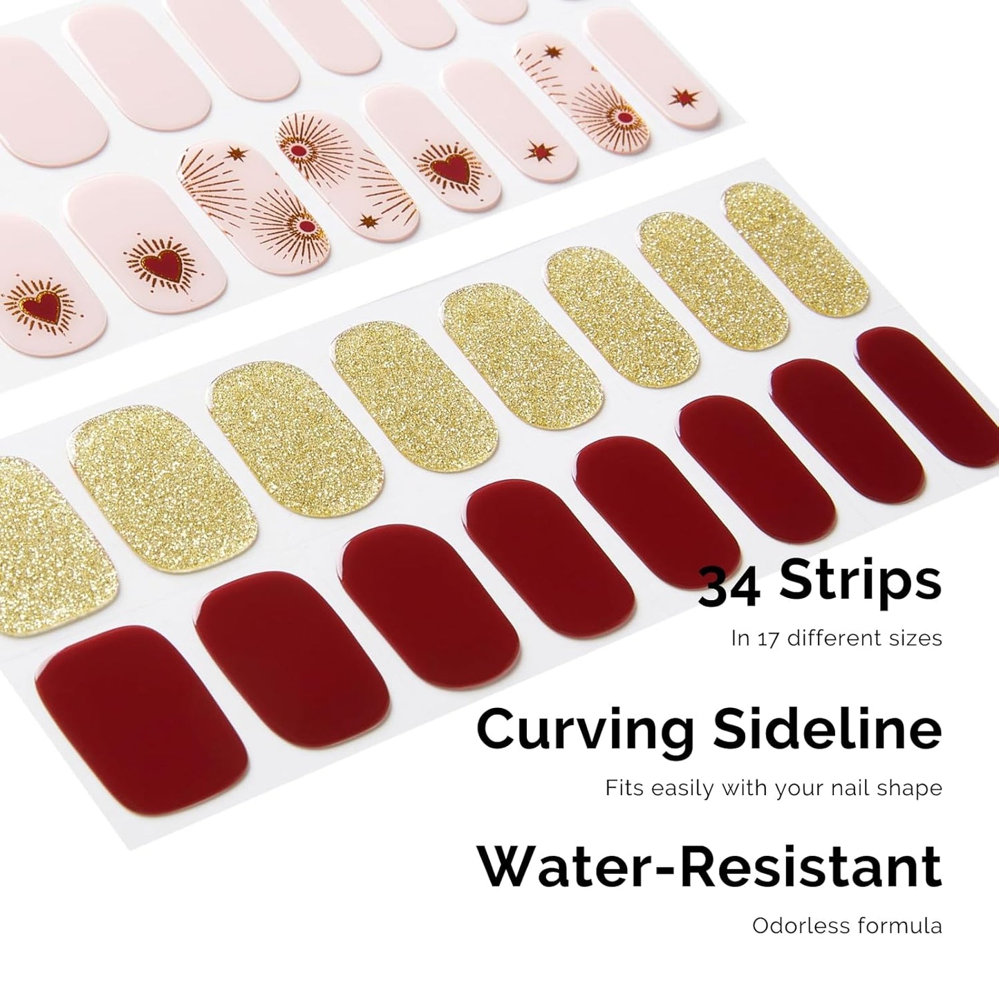 Semi Cured Gel Nail Strips - NAILOG 34 Pcs Red Brown Gold Glitter Nail Stickers Extra Long Wraps with Glossy Gel Finishing for Autumn Winter, My Queen