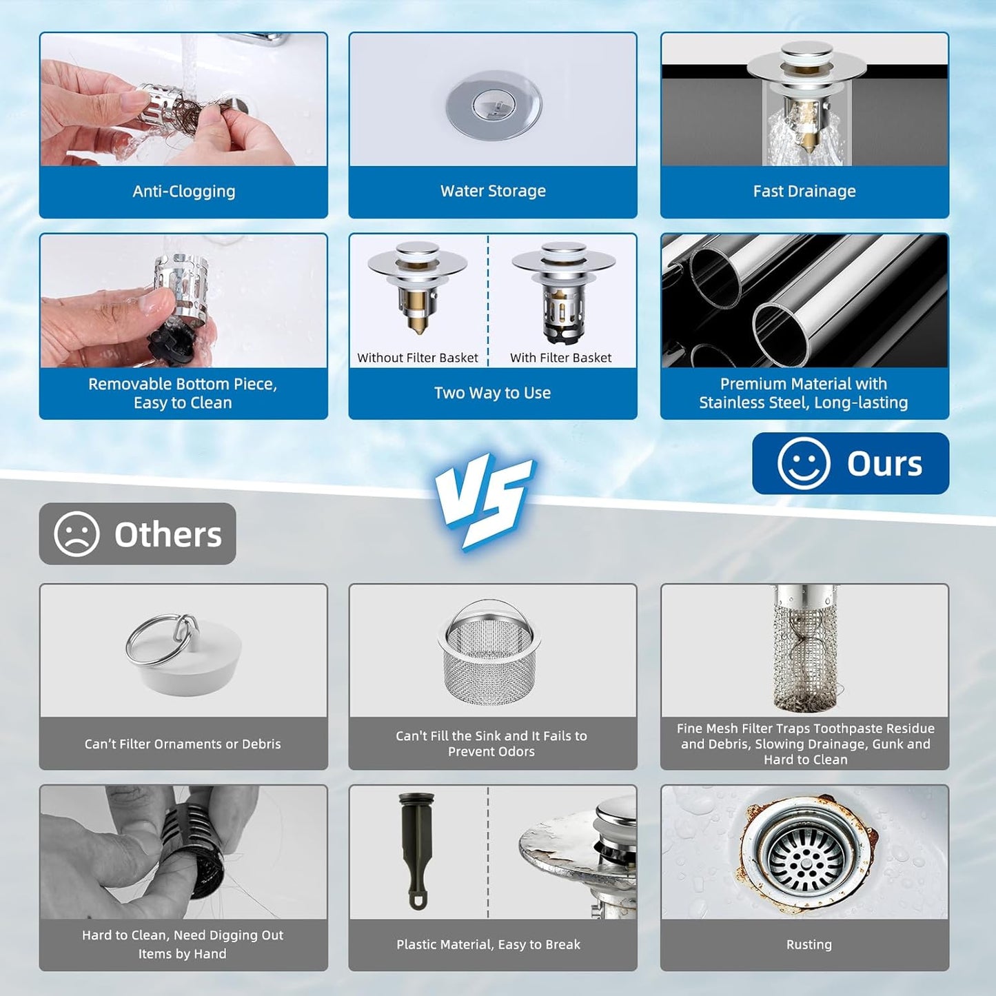 Hibbent 2 Pack 3 in 1 Bathroom Sink Drain Strainer, Universal Pop Up Stopper with Removable Stainless Steel Filter Basket Hair Catcher, Sink Plug for 1.1''~2.36'' Basin, Brass Bullet Core, Chrome