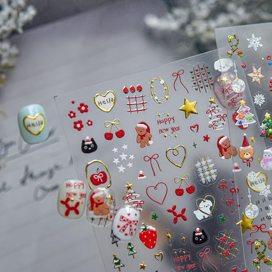 Christmas Nail Art Stickers 5D Embossed Xmas Cute Bear Nail Stickers Strawberry Xmas Light Xmas Tree Bowknot Cherry Gift Nail Decals for Women Girls Winter Holiday Manicure DIY Nail Supplies 1 Sheet