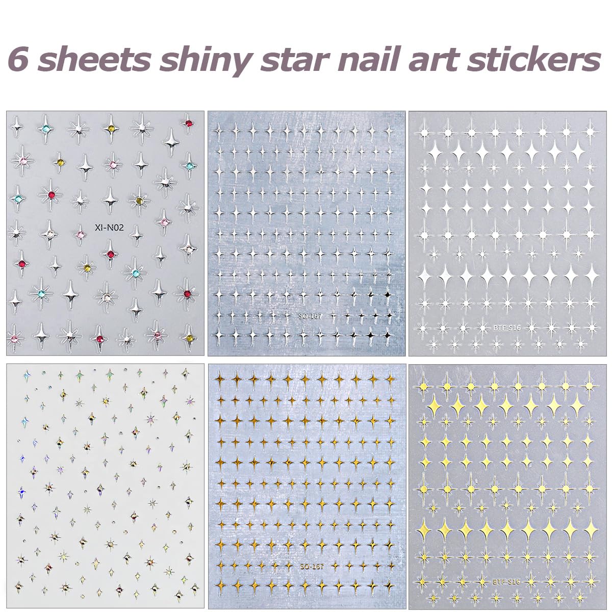 6 Sheets 3D Glitter Shiny Crystal Nail Art Sticker Star Charms Silver Black White Stickers Self-Adhesive Design Luxury Nail Decals for French Manicure