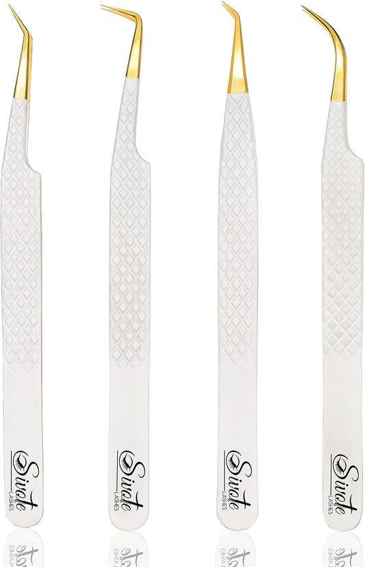 SIVOTE Fiber Tip Lash Tweezers for Eyelash Extensions with Diamond Grip, White, Set of 4 - Precise Tips Japanese Steel for Classic, Volume & Mega Volume Lashes, Anti-Rust - Ideal for Lash Artists
