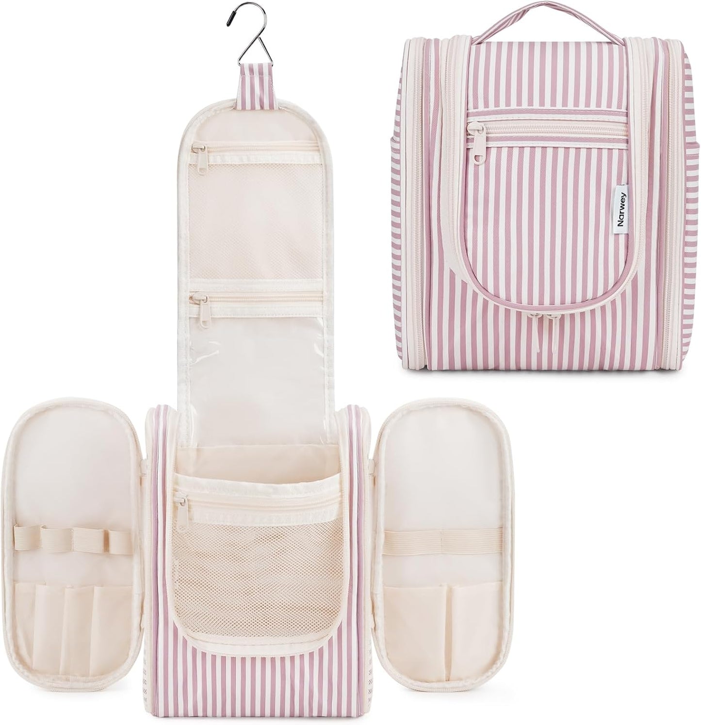 Narwey Small Striped Hanging Travel Toiletry Bag for Women, Travel Bag for Toiletries, Makeup Bag Organizer Cosmetic Bags Make Up Bags for Women (Dusty Rose Stripe)