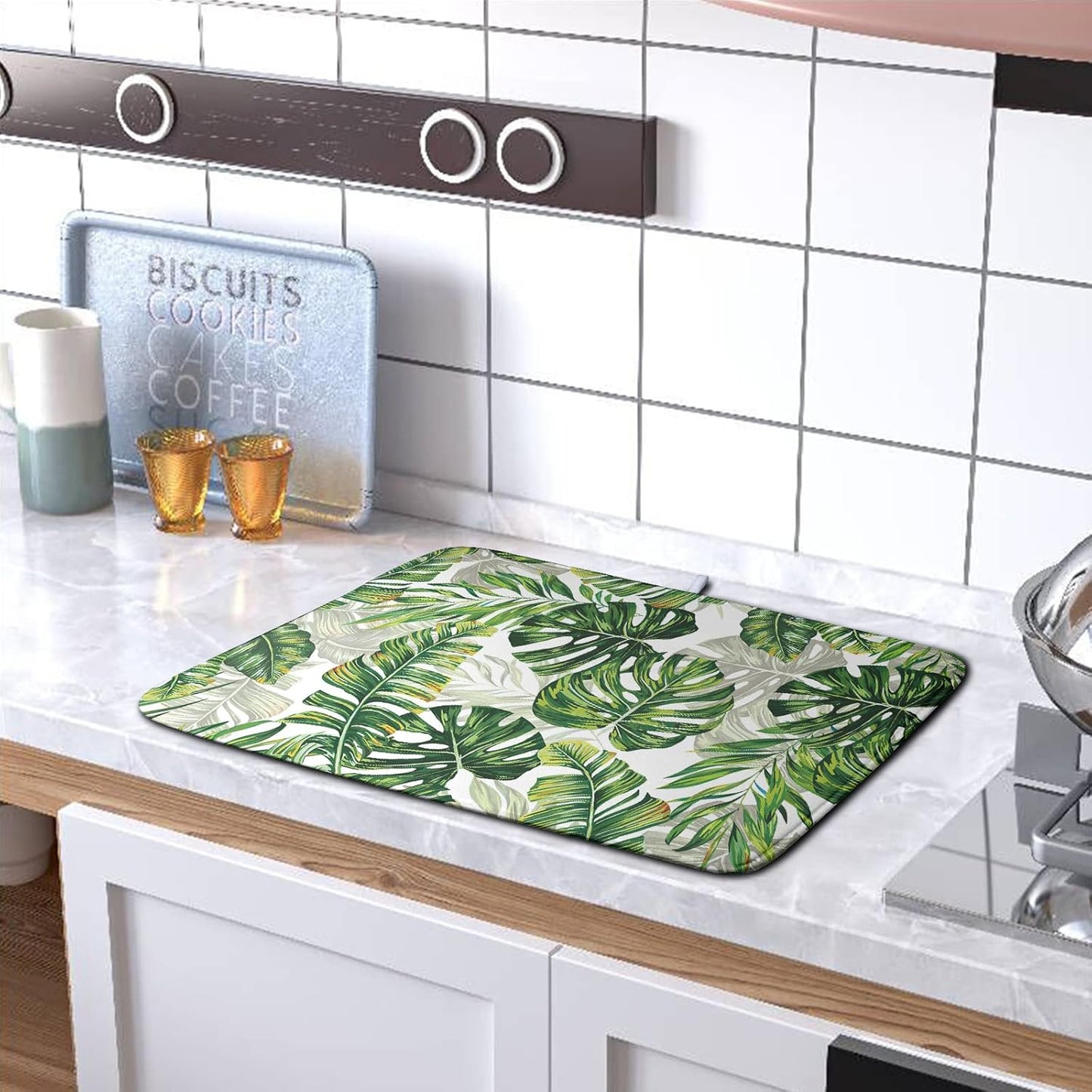 Tropical Palm Leaves Dish Drying Mat for Dishes 16x18 Inch Spring Green Monstera Leaf Drying Mat Watercolor Herbs Dish Drainer Mat Super Absorbent Dish Rack Pad for Coffee Bar Sinks