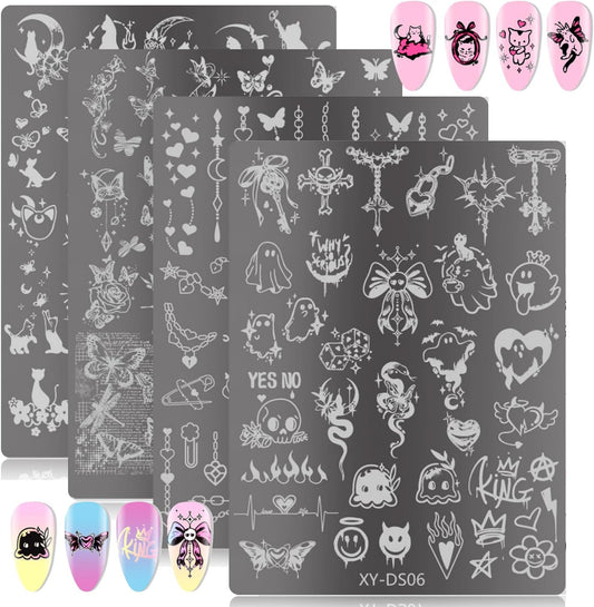 4Pcs Gothic Cute Nail Stamping Plate Set - Dark Kawaii Nail Art Templates, Stainless Steel Spooky Sweet Nail Stamp Plates with Skull & Lace Patterns for Halloween DIY Manicure Printing Tools