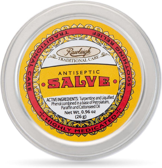 Rawleigh Antiseptic Yellow Salve Small Tin: 0.96 oz, Natural, Multi-Purpose Ointment Soothes Skin Cuts, Bruises, Irritations, with Turpentine, Phenol, Cottonseed Oil, Original Formula - Pack of 1