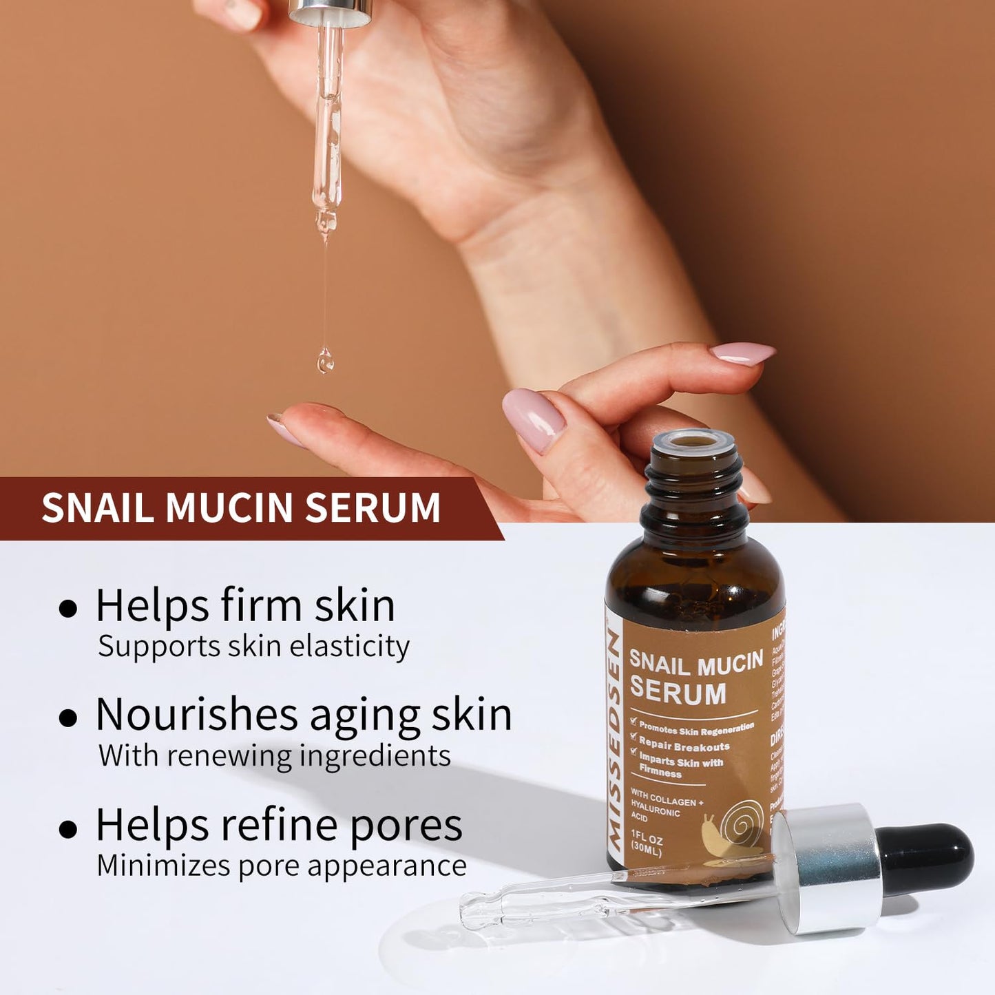Snail Mucin Serum for Face with Collagen & Hyaluronic Acid,Smoothes Wrinkles,Improves Elasticity,Firms Skin 1 Oz Daily Use