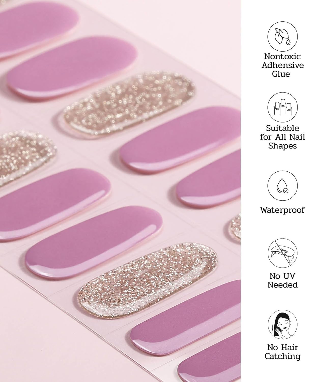 Nail Polish Strips - 22 Pcs Salon Quality Gel Nail Stickers - Long Lasting Wraps (Berry Gold Glitter)