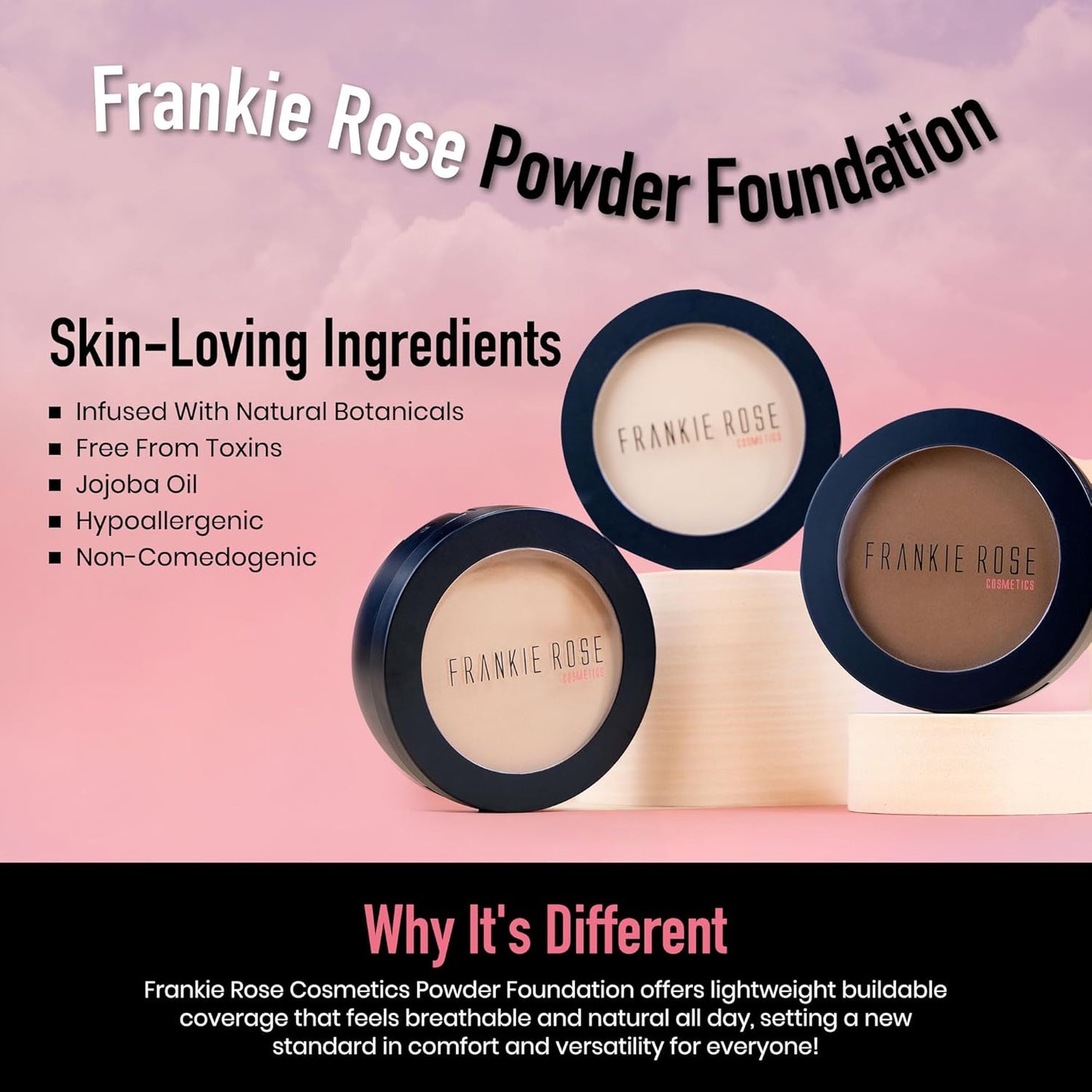Frankie Rose Cosmetics Powder Foundation – Full Coverage Face Powder For Pores & Imperfections, Evens Out Skin Tone & Shine-Control | 58 Grams (Bronze)