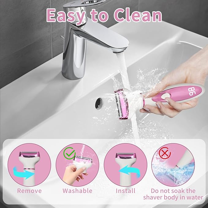 Electric Razor for Women Men,4 in 1 Painless Ladies Wet & Dry Body Razors and Facial Hair Remover,Rechargeable Led Display Hair Removal Kit for Nose Face Body Leg Bikini Arm Hair (Pink)