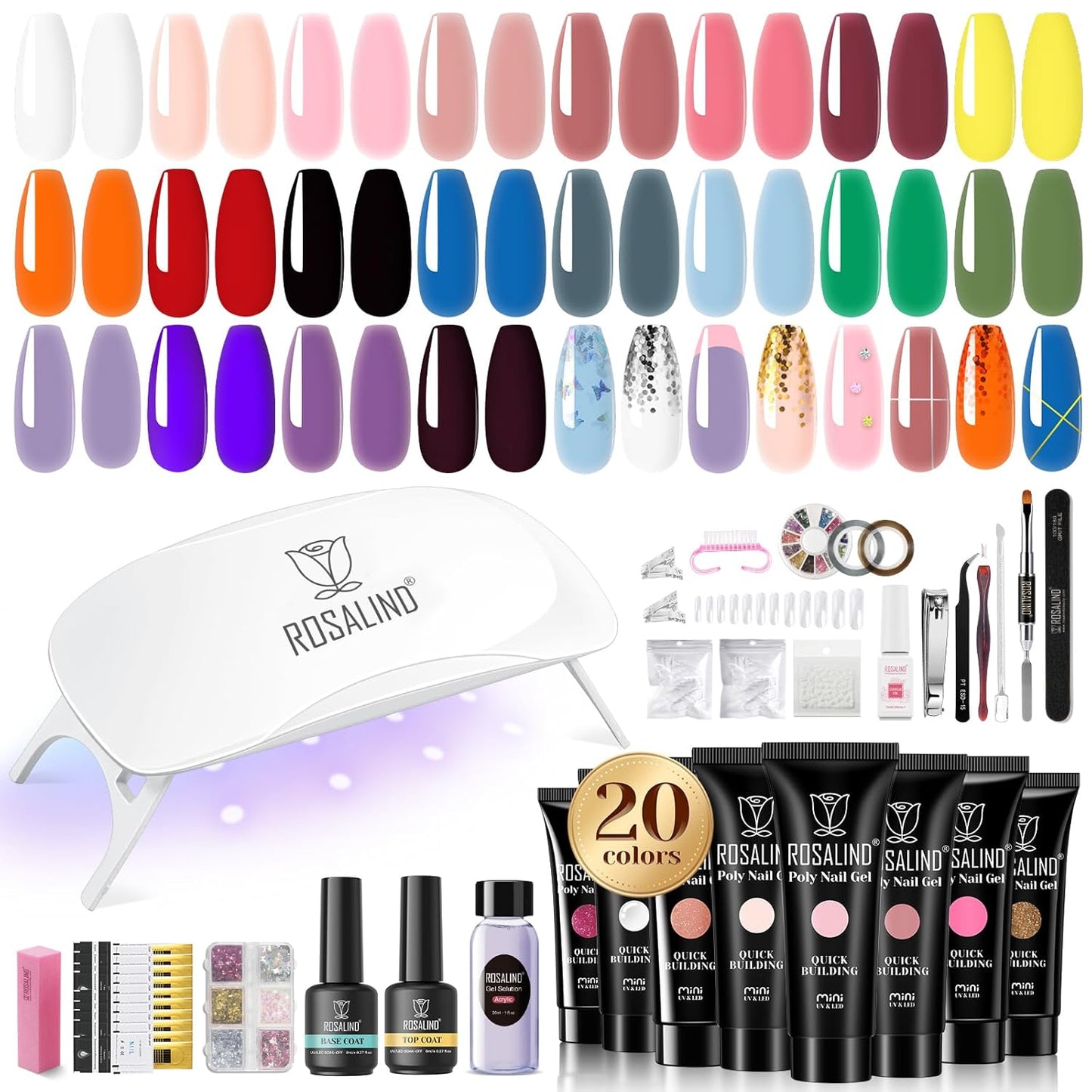 ROSALIND 20 Colors Poly Nail Gel Kit with Mini Nail Lamp Glitter Poly Nail Gel Kit Collection with Tools Clear All Seasons Classic Colors Halloween Starter Kit
