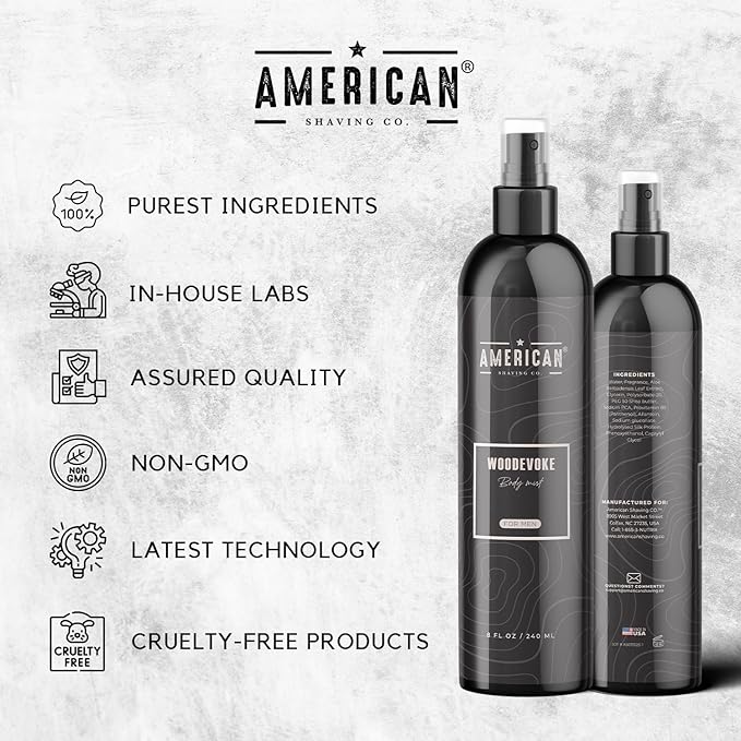 Woodevoke Body Mist For Men 8 oz, Made in USA, Quick Absorption, Quality Potent Ingredients, Long-Lasting, Non-GMO, GMP Certified, Cruelty-Free Products