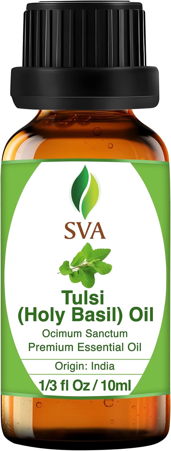 SVA Holy Tulsi Essential Oil – 1/3 Fl Oz – 100% Natural Tulsi Oil - for Diffuser, Hair Care, Face, Skin Care, Aromatherapy, Scalp and Body Massage, Soap and Candle Making
