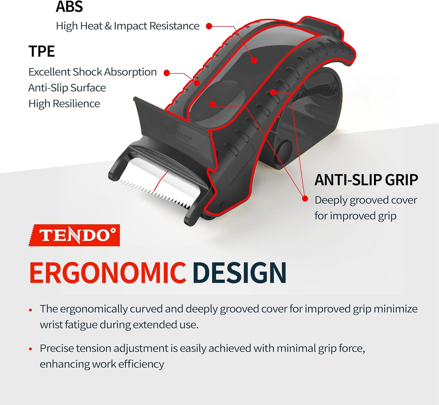 Heavy Duty Shipping Tape Dispenser: TENDO° Premium Line – Reusable, Replaceable, Eco-Friendly 2’’ Master Piece Dispenser for Pros with Patented 10° Sloped Chromium Blades - P-2200 (4th Gen.)_Black