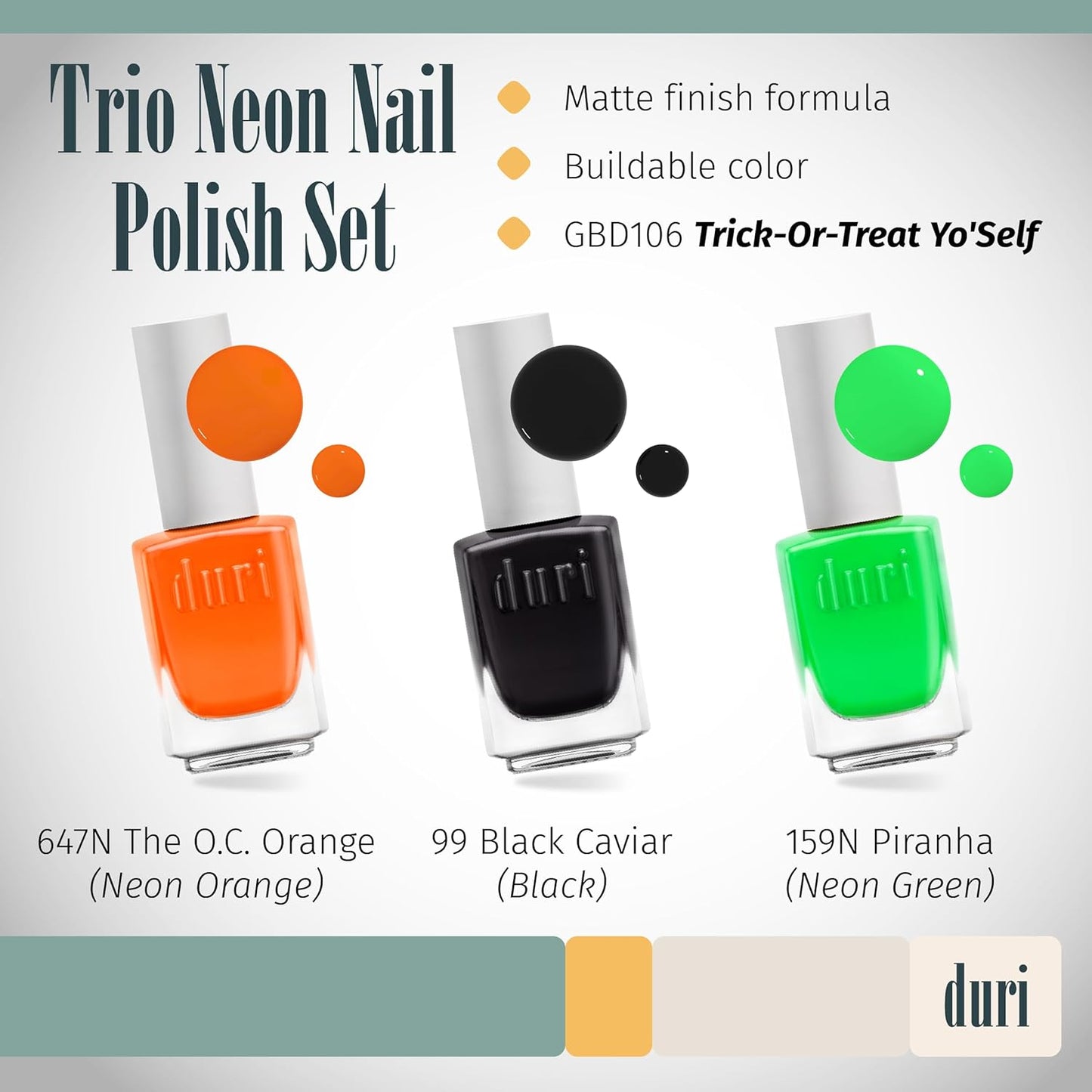duri Trio Neon Nail Polish Set - Trick-Or-Treat Yo'Self, Matte Finish, Quick Drying, 0.45 Fl Oz each