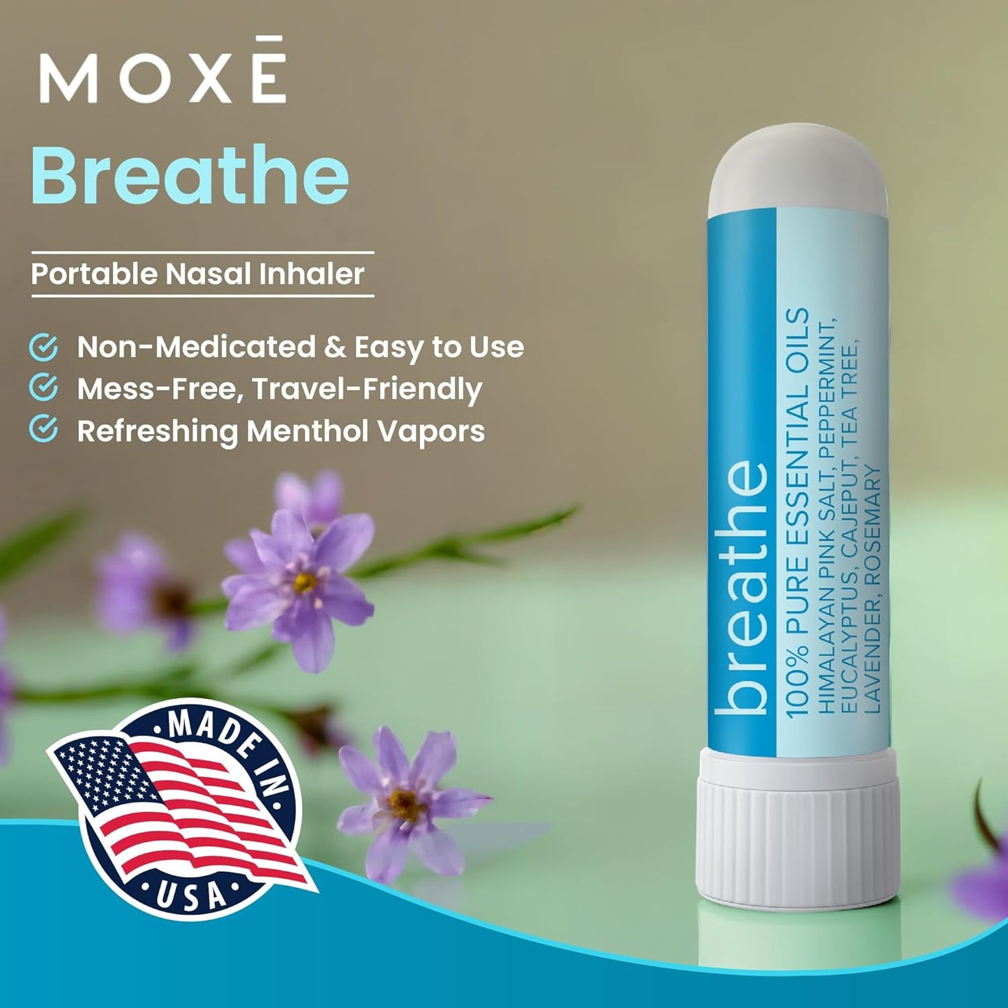 MOXE Breathe | Himalayan Salt Inhaler | Help Clear Congestion, Boost Focus and Improve Breathing | Natural Aromatherapy | Peppermint, Lavender and Tee Tree Essential Oil (3 Pack)