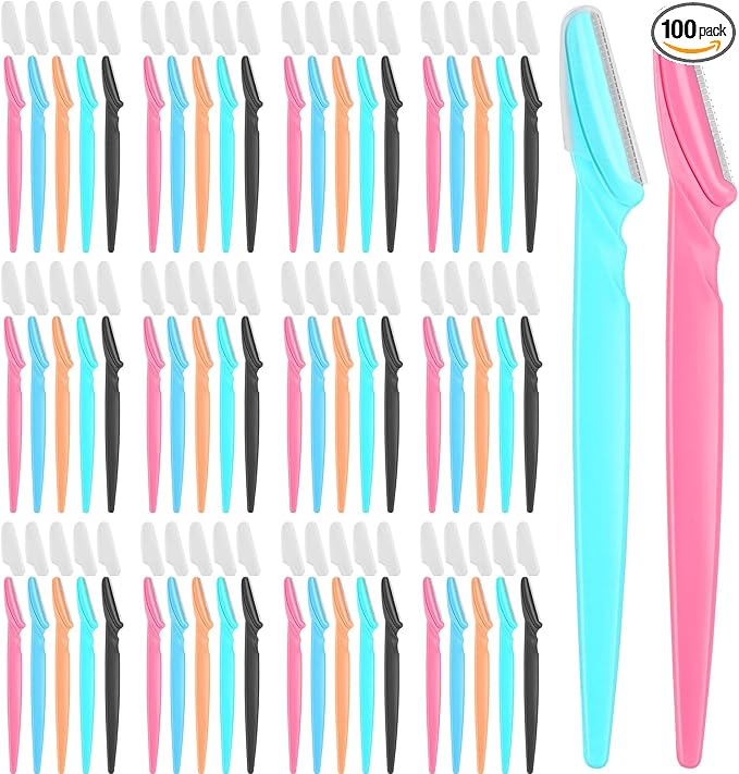 100 Pcs Eyebrow and Face Razors for Women and Men, Multi-Color Hair Trimmers with Protective Covers, Safe and Newbie-Friendly