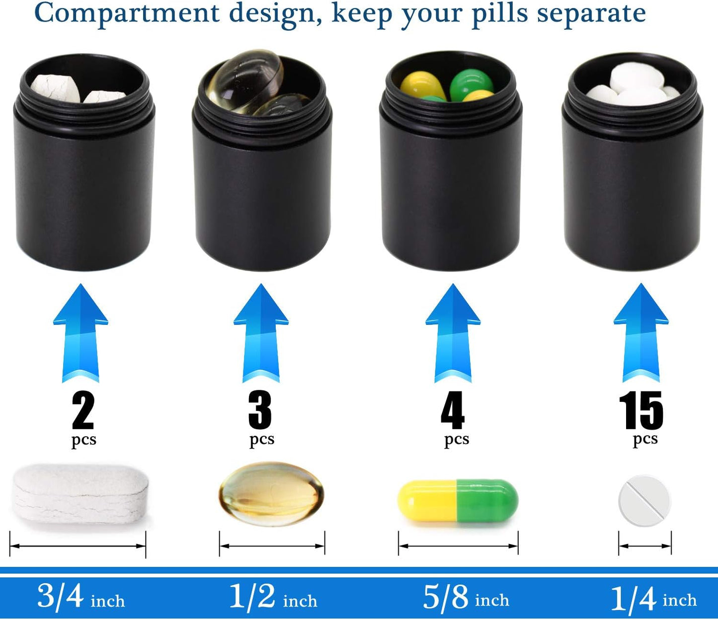 PPFISH Portable Daily Pill Case, 3 Compartments Aluminum Alloy Waterproof Pill Box Dispenser, Small Pocket Pill Container, Keychain Pill Fob, Travel Pill Holder for Men Women