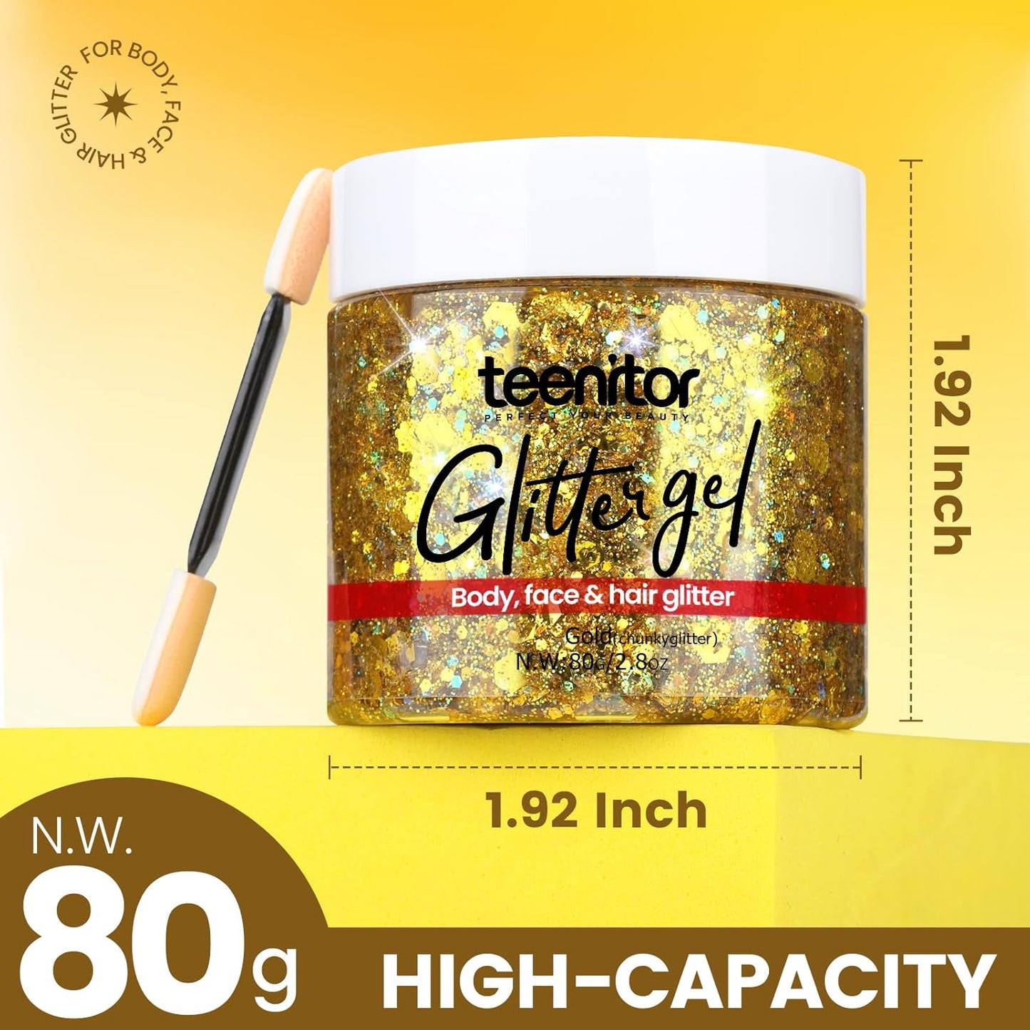 Teenitor Body Glitter, Gold Face Glitter Gel Hair Glitter for Kids, 80g/2.8oz Gold Glitter for Face, Makeup, Hair, Eye, Face Glitter for Women