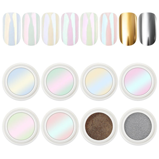 AIMEILI Pearl Chrome Nail Powder, Vegan, Cruelty Free, 8 Colors Aurora Metallic Holographic Mirror Effect Nail Art Pigment Iridescent Shell Glitter Nail Art