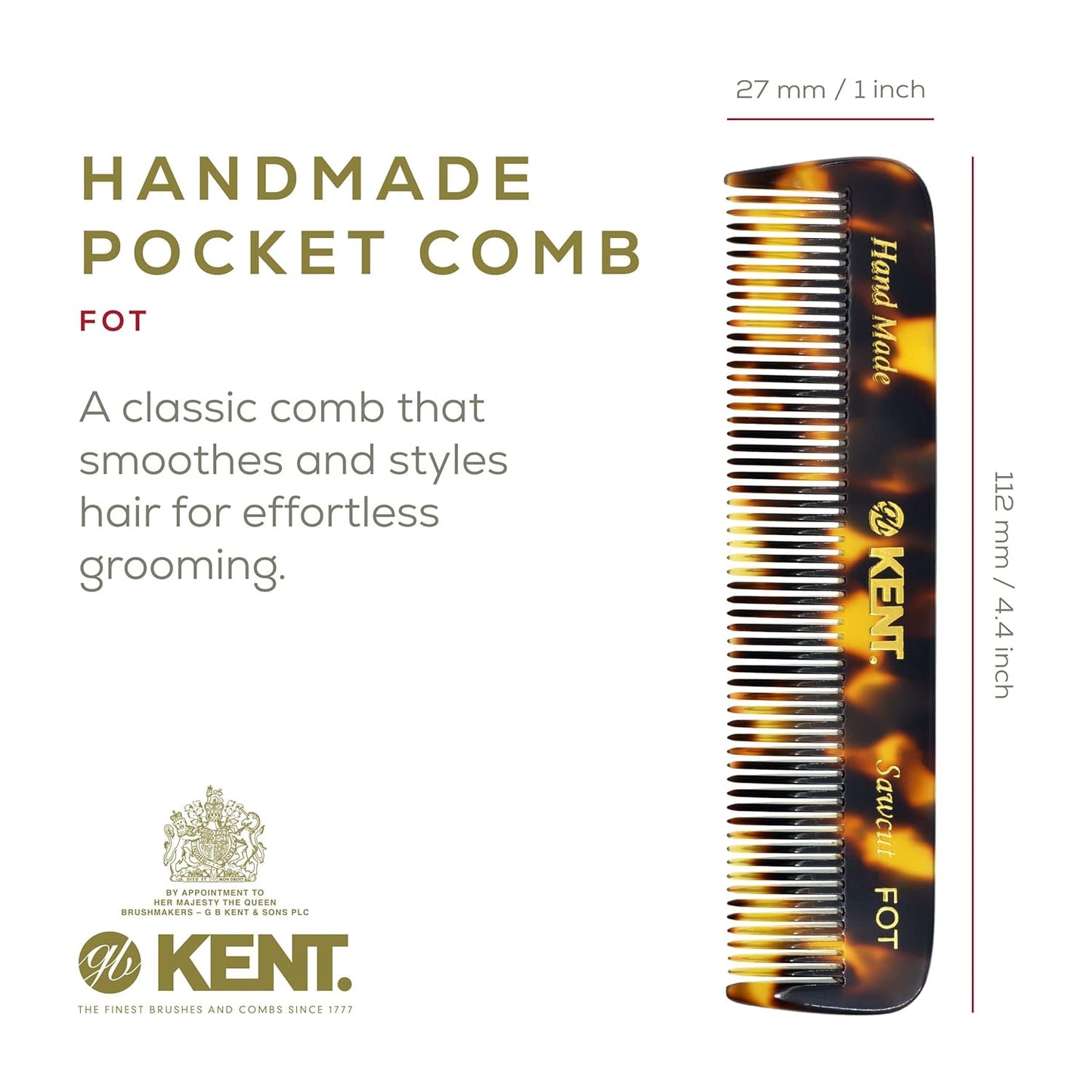 Kent FOT Tokyo Yellow Fine Tooth Comb for Men - Handmade Pocket Comb for Travel, Styling, Fine or Thinning Hair, Mustache and Beard Care Handpolished Saw-Cut Made in England