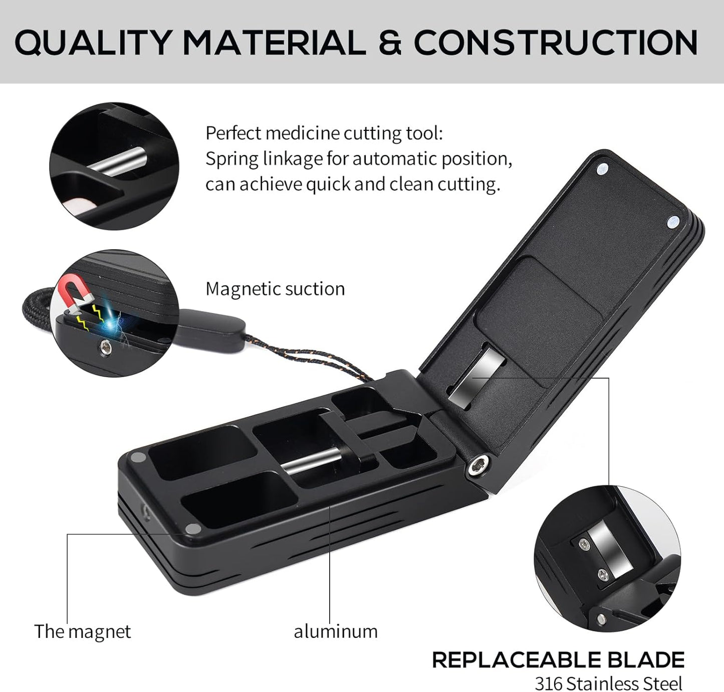 Pill Cutter for Small and Tiny Pills, Professional Aluminum Pill Splitter with Auto Centering Device and 2 Replaceable Stainless Steel Blades, Portable Pill Splitter with PU Case (Black)