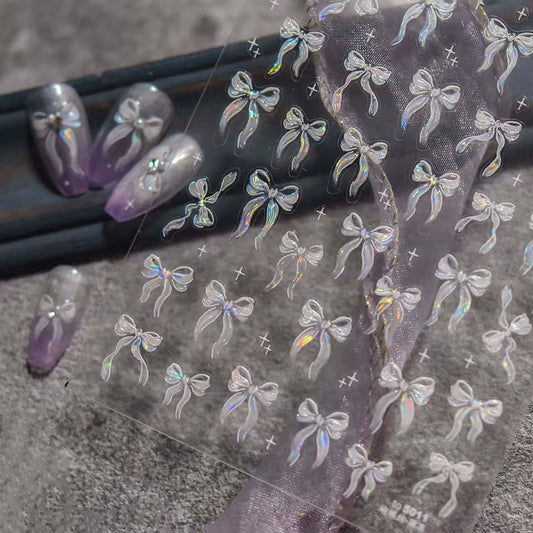 1Sheet Aurora Bow Nail Art Stickers Jelly Bow Nail Decals 5D Embossed White Ribbon Bow Nail Stickers Self-Adhesive Stars Nail Supplies for Women DIY Manicure Decoration
