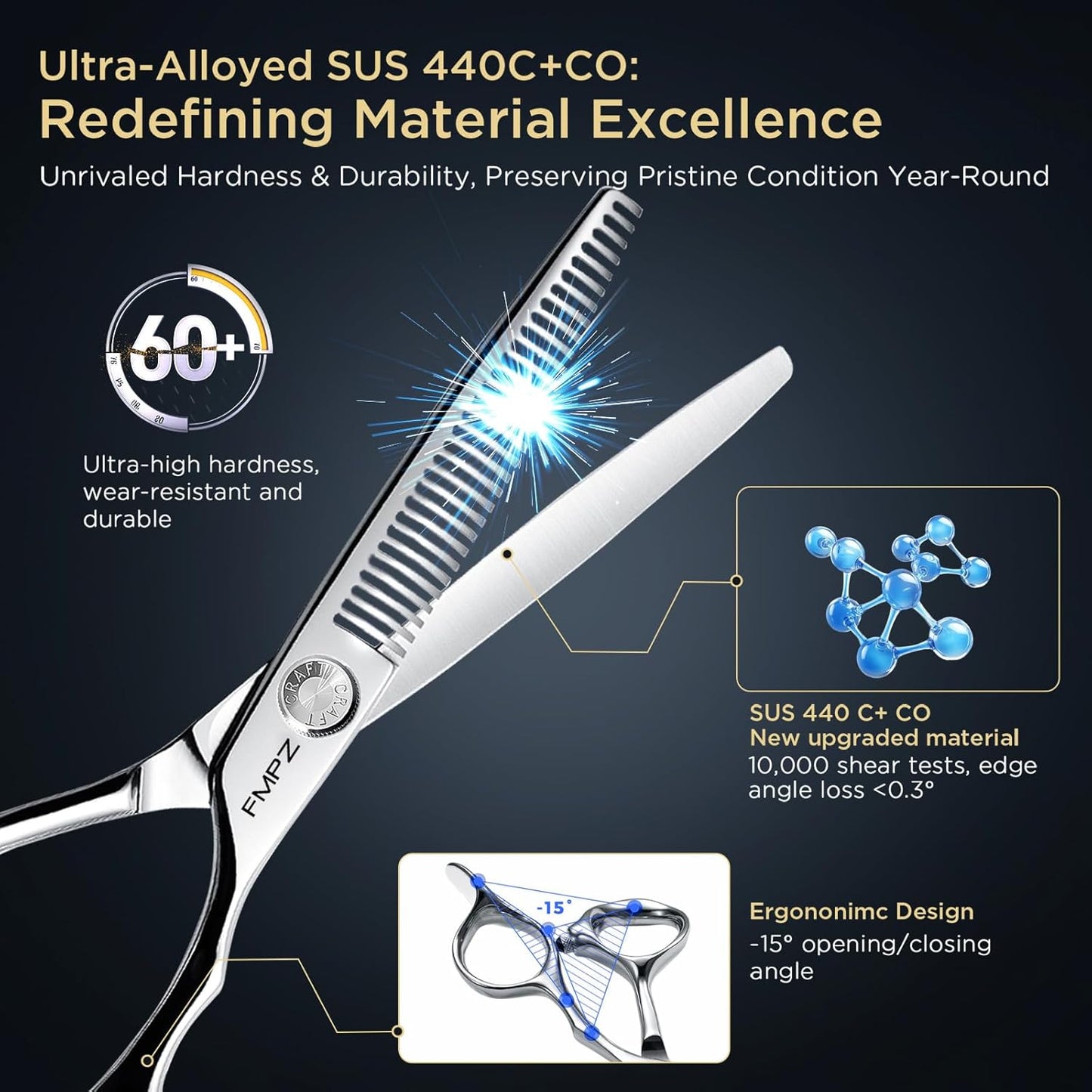 6.0” Professional Thinning Shears for Hair Cutting - Professional Hair Cutting Scissors with Extremely Sharp Blades- 440C Steel Ergonomic hair thinning scissors Durable, Smooth Motion, Fine Cut