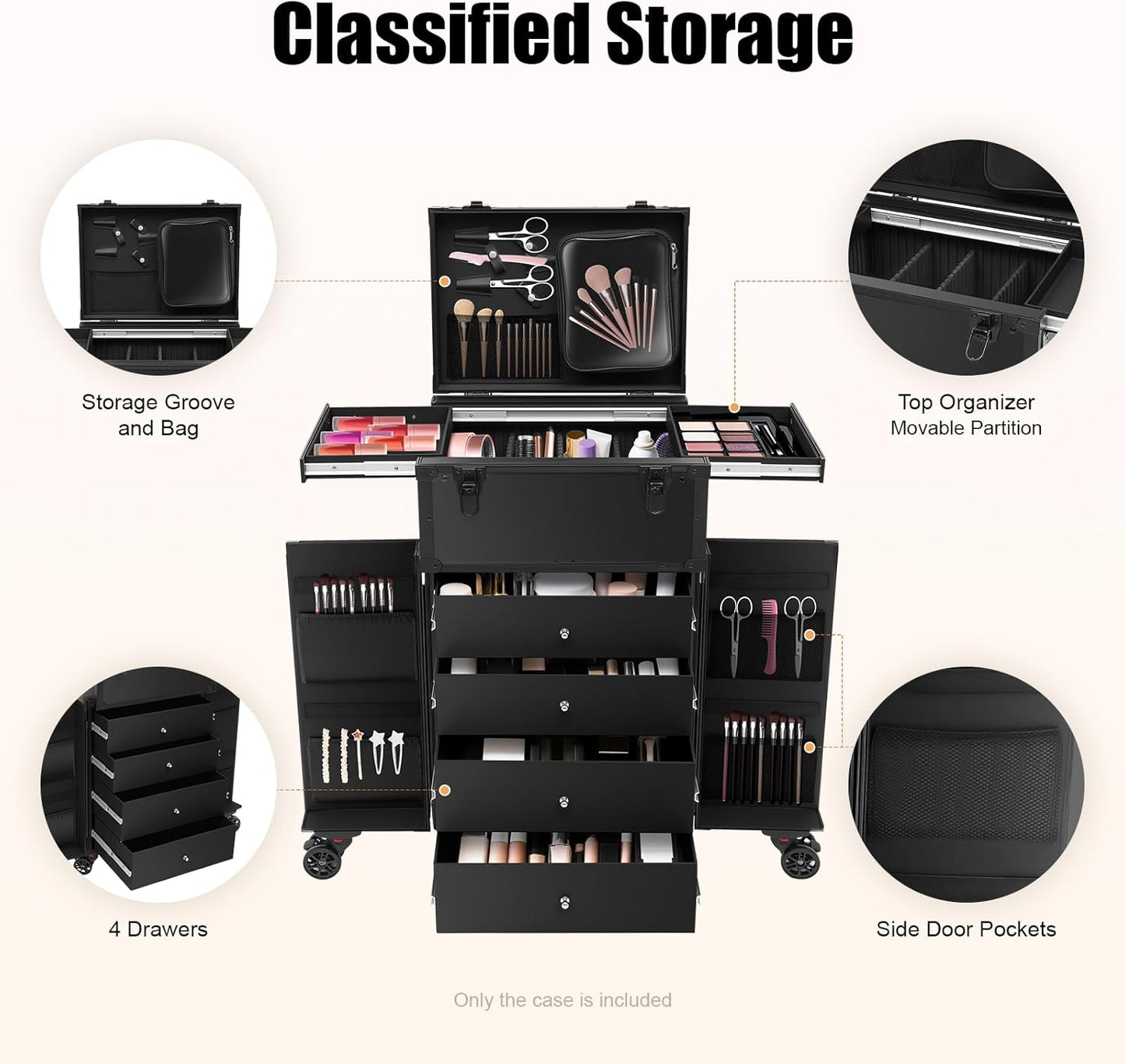 44.09lbs Lockable Makeup Train Case,Rolling Hairdressing Trolley,Beauty Salon Cosmetic Luggage with Universal Wheels for Hair Stylist,Make-up Artists (Black 8)