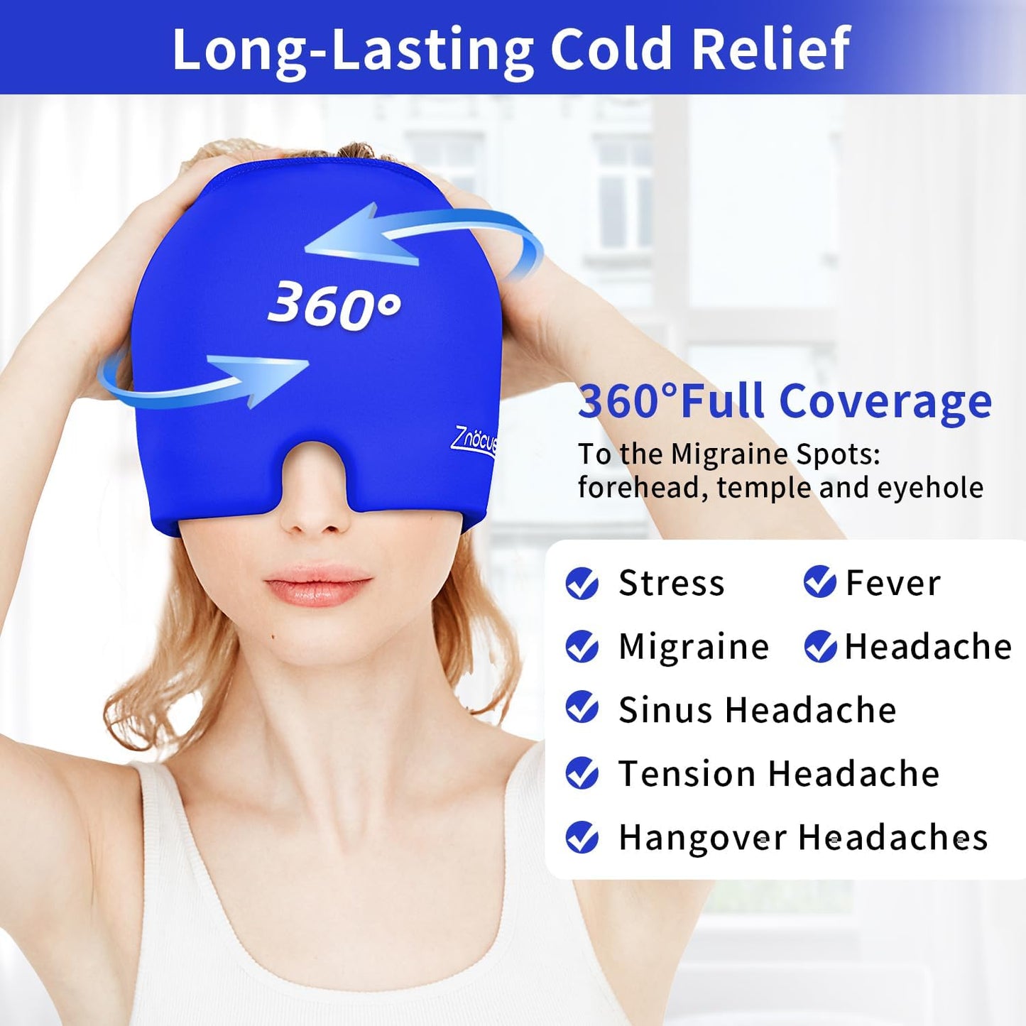 ZNÖCUETÖD Migraine Headache Relief Cap Hat Full Head ice Pack Wrap Cooling Gel Ice Beanie Cold Cap Hot/Cold Compress Therapy for Sinus, Stress, Tension, Hangover Headache Pain Relief, Men Women