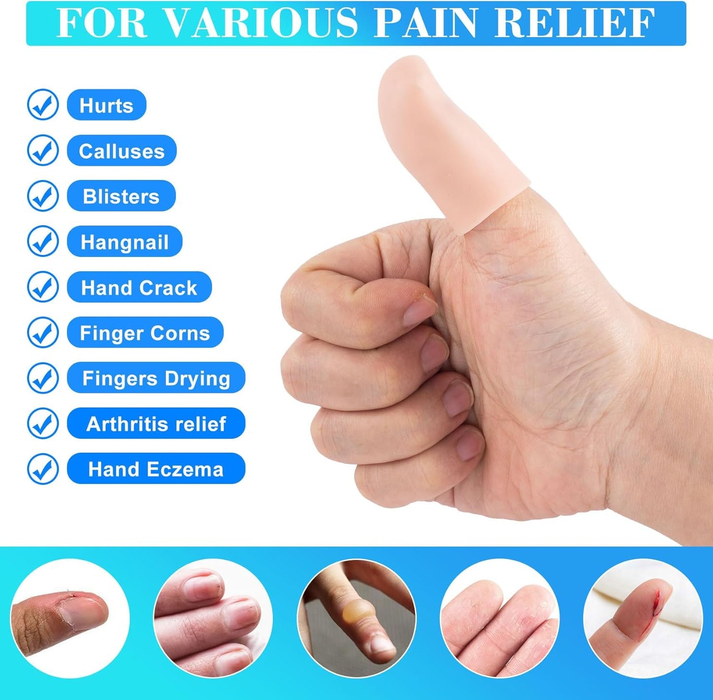 ANCIRS 10pcs Gel Finger Support Protector Caps Gloves, Gel Finger Cots/Covers, Silicone Fingertips for Hands Cracking, Eczema Skin, Trigger Finger Arthritis Pain Relief